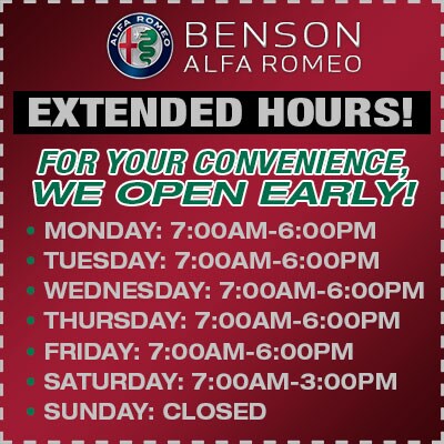 Extended Hours Greer SC 29650 Benson Alfa Romeo