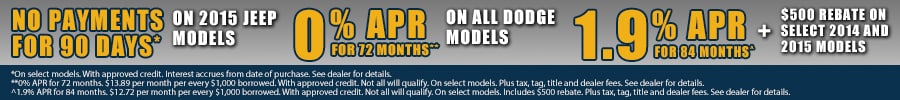 Special on 2015 Jeep Models, All Dodge Models and select 2014-2015 Models