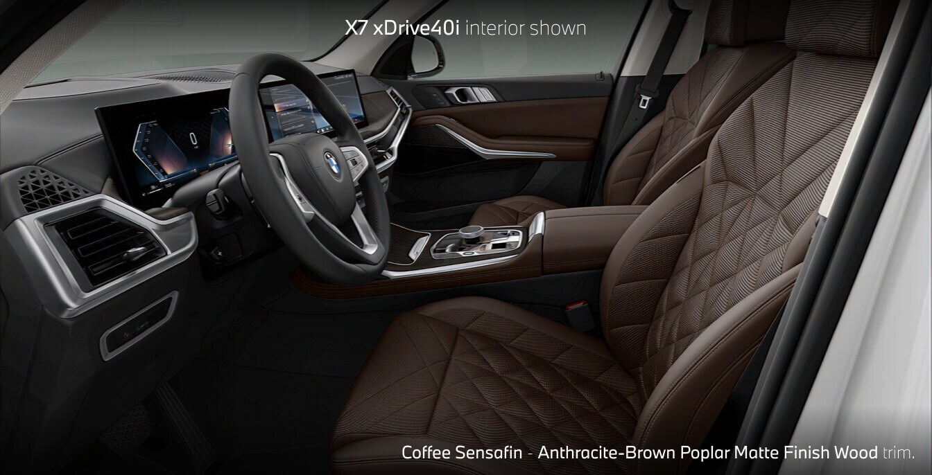 2025 BMW X7 xDrive40i Interior featuring Coffee Sensafin seats & Anthracite-Brown Poplar Matte Finish Wood trim