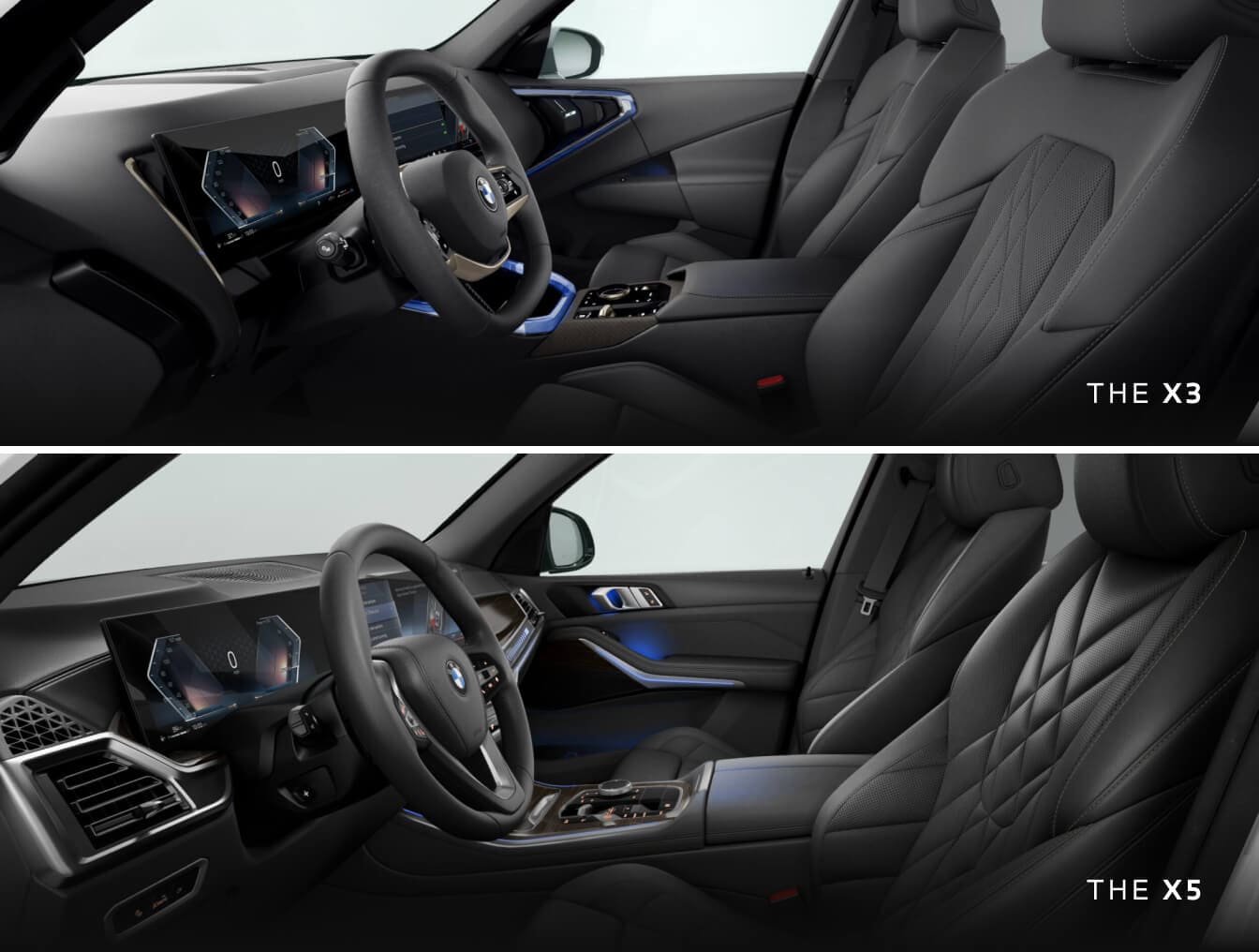 Interior shots of the black interior of the 2025 BMW X3 (top) and 2025 BMW X5 (bottom)
