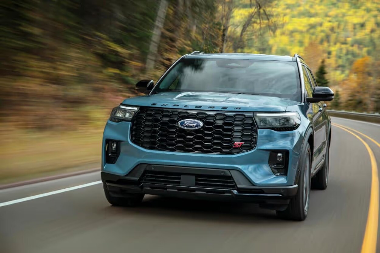 A line of new Ford vehicles at the Bison Ford dealership, showcasing the latest electrical and safety technology.