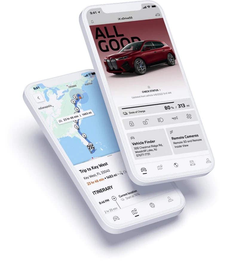Image of two phones displaying the My BMW App's features