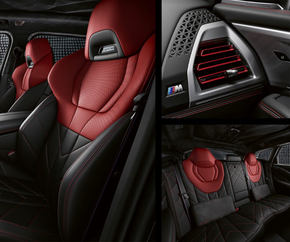 XM Label Red Interior Tri Shot 950x792.jpg Detail of front seats, clad in exclusive BMW Individual Fiona Red & Black Merino Leather with exclusive M Signature Trim and red stitching and accents. Detail of red accented vent. Detail of rear M Lounge with exclusive XM pillows