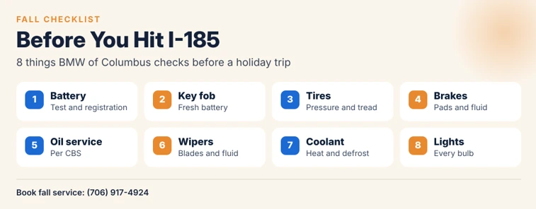 Eight-point fall checklist for BMW drivers Eight-point fall checklist for BMW drivers: battery, tires and TPMS, brakes and brake fluid, oil service, wipers, lights, coolant and defrost, and cabin microfilter.