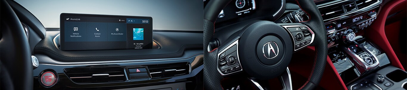 AcuraLink At Bobby Rahal Acura in Mechanicsburg, PA | Close up of AcuraLink on center console / Close up of the black leather interior of a 2023 Acrua MDX with red accents