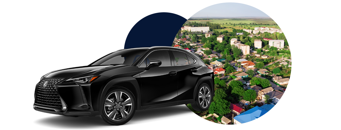 Lexus Dealer near New Holland, PA | Front profile of a 2022 Lexus UX in the color black with a background photo of New Holland, PA