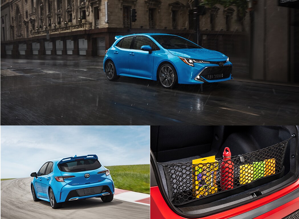The Top 3 Most Fuel Efficient Toyota Models at Bobby Rahal Toyota in Mechanicsburg, PA | Toyota Corolla Hatch driving in the rain & interior photo of trunk space