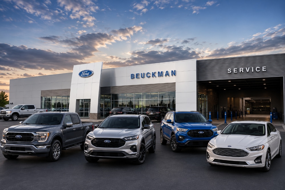 Bo Beuckman Ford dealership near Kirkwood, MO with new Ford vehicles displayed outside the showroom.