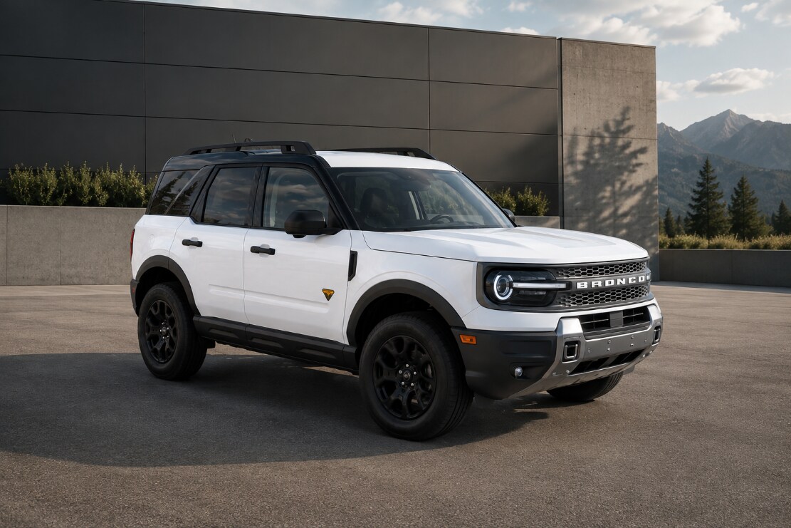 White Ford Bronco Sport Against Modern Architecture
