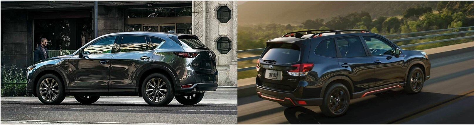 exterior-2020-mazda-cx-5-vs-subaru-forester-bob-penkhus-mazda-dealership.jpg a 2020 Mazda CX-9 driving with a 2020 Subaru Forester