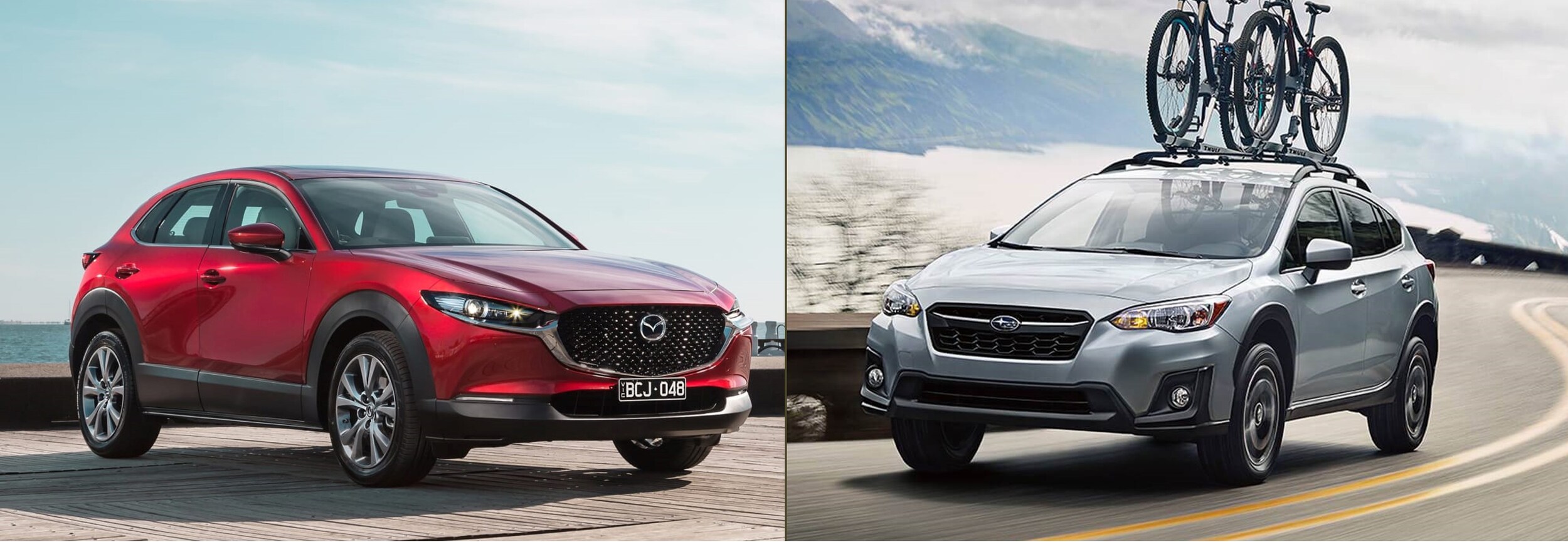 2020-mazda-cx-30-vs-subaru-crosstrek-bob-penkhus-mazda-dealership.jpg A Red 2020 Mazda CX-30 next to a 2020 Subaru Crosstrek
