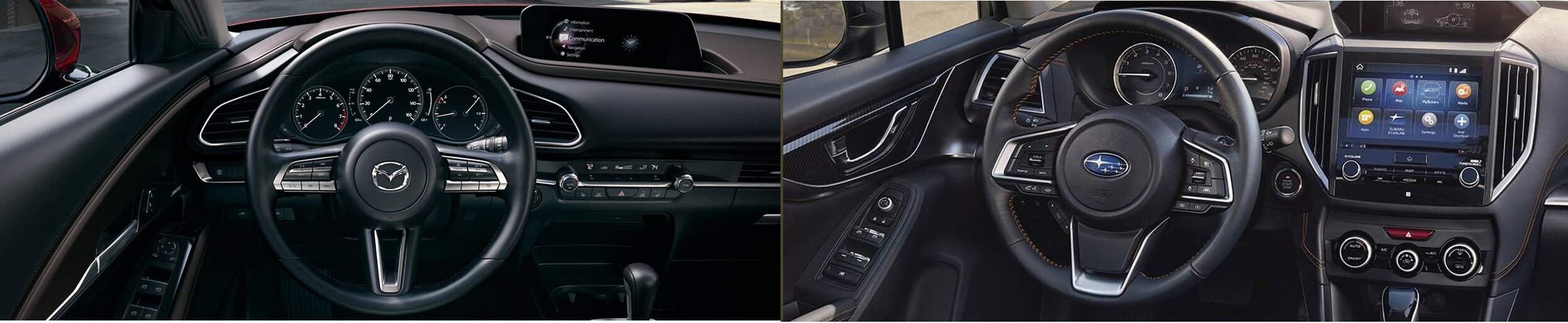 2020-mazda-cx-30-vs-subaru-crosstrek-interior-bob-penkhus-mazda-dealership-co.jpg The interior dashboard of a 2020 Mazda CX-30 next to a 2020 Subaru CrossTrek comparison