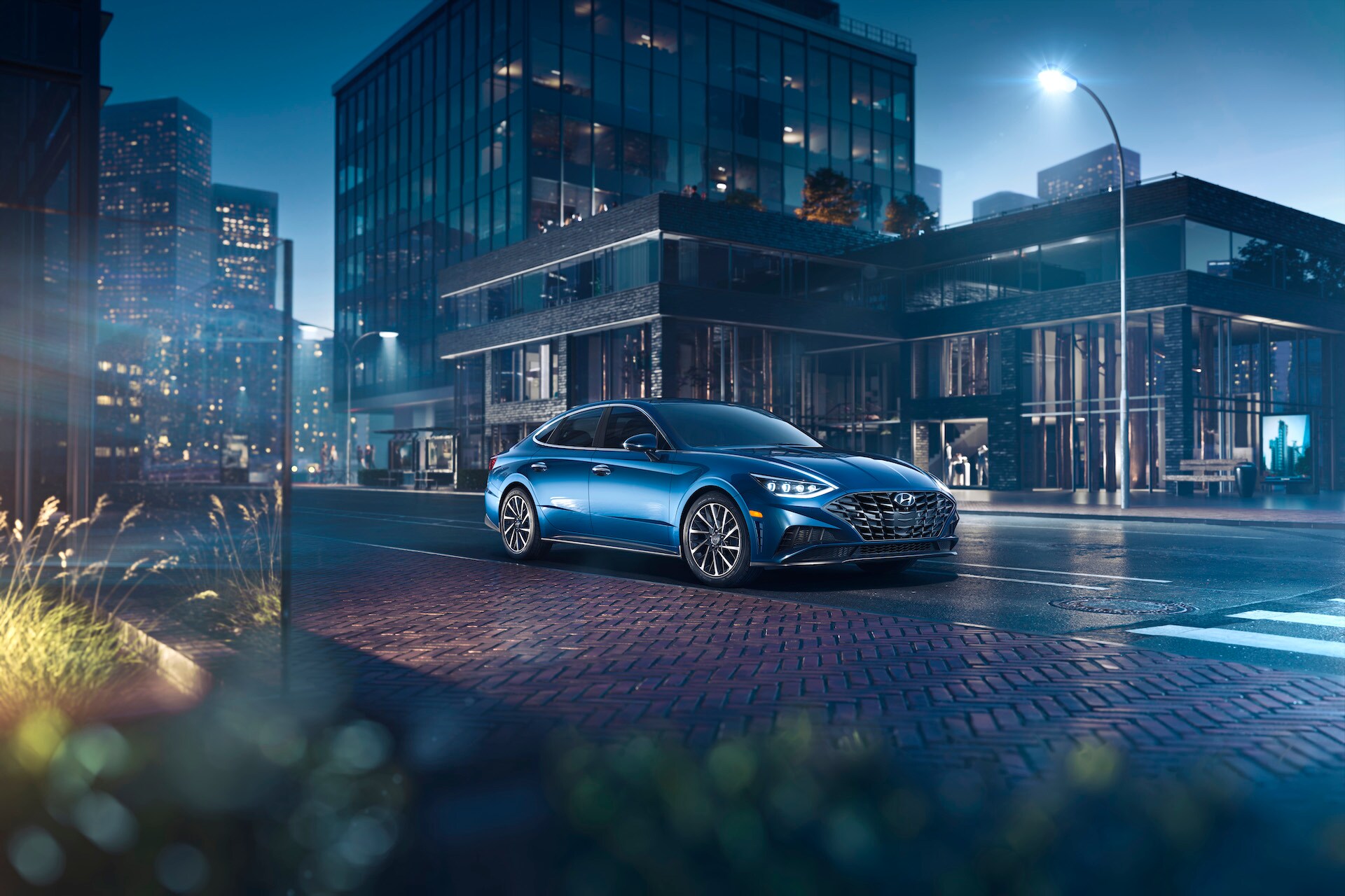 Boch Hyundai is a Luxury Car Dealership near Stoughton, MA | Blue 2020 Hyundai Sonata parked on street at night