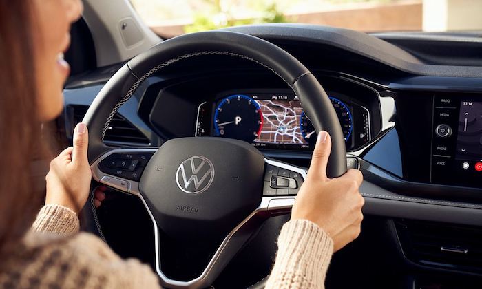 2022 Volkswagen Taos available leatherette-wrapped, heated multi-function steering wheel