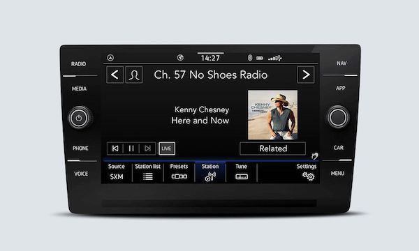 2022 Volkswagen Taos SiriusXM with 360L touchscreen interface showing the channel that is currently playing