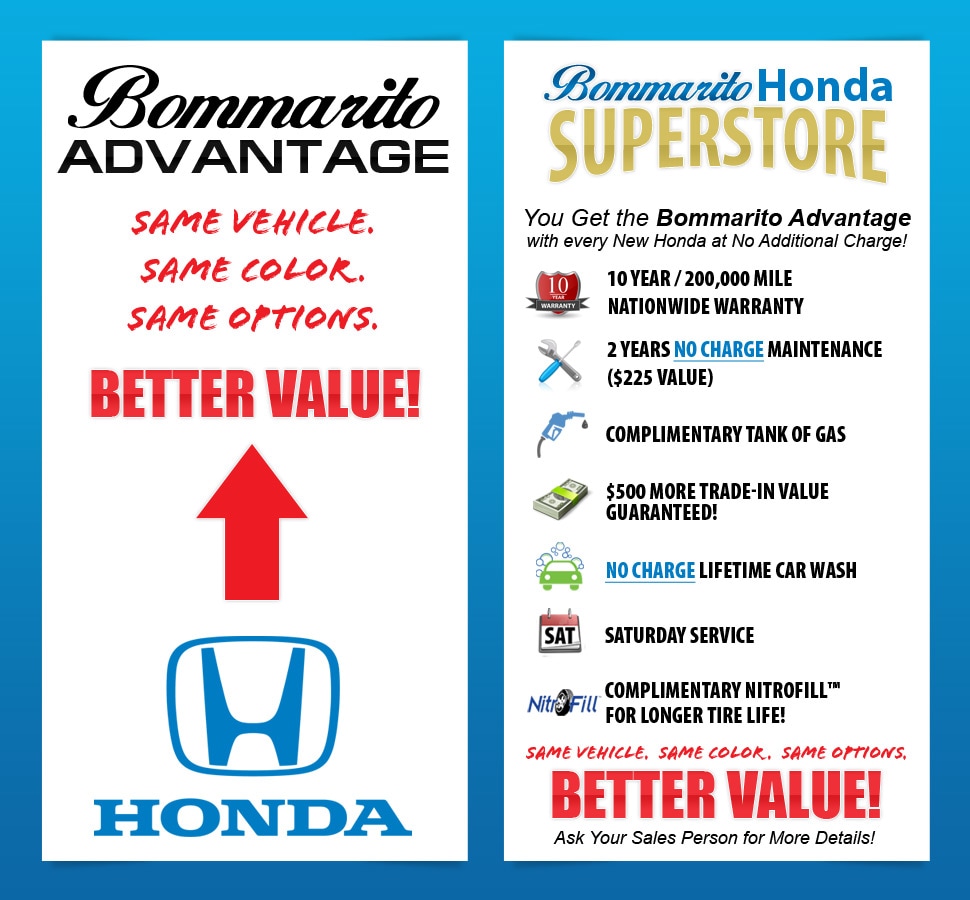 Buying a new Honda vehicle from Bommarito Honda means great value at an even better price. Learn more! Information about the Bommarito Advantage, including a nationwide warranty and service perks.