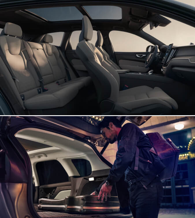 An interior cross-section of the Volvo XC60. A man loads a guitar into the trunk of a Lincoln Corsair.