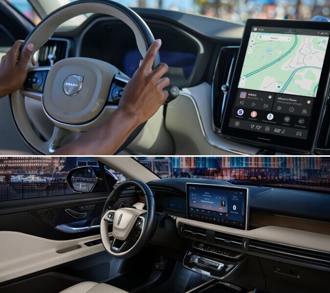 Interior detail shots of the Volvo XC60 and Lincoln Corsair featuring navigation touchscreens.