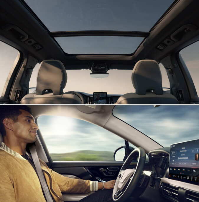 Interior perspective shots of Volvo XC60 sun roof and Lincoln Corsair hands-free driving.