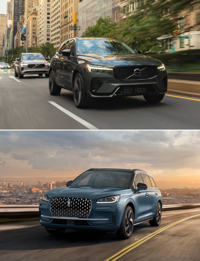 A gray Volvo XC60 drives down a city street. A blue Lincoln Corsair drives on a city highway.
