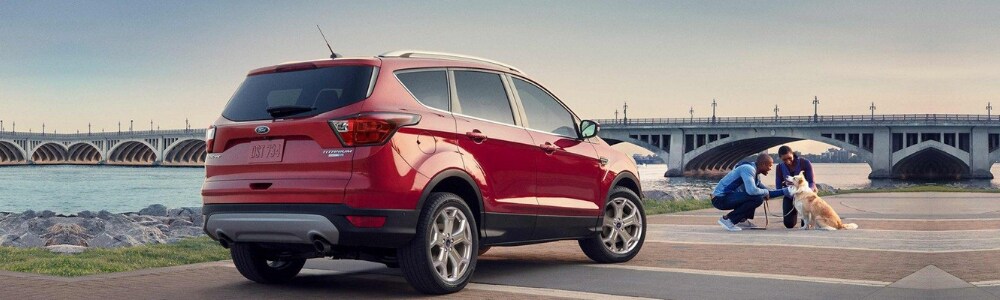 2019 Ford Escape models near Seattle at Bowen Scarff Ford in Kent WA.png Back passenger side of a red 2019 Ford Escape SUV parked on a multi-colored brick lot in front of a bridge with a bay of water in the background