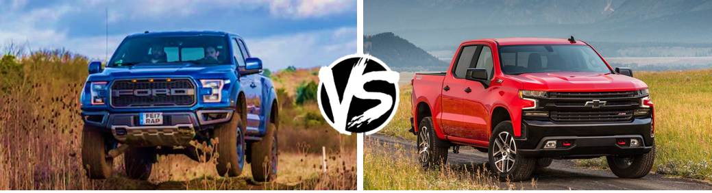 2019-ford-f-150-vs-chevy-silverado-bowen-scarff.jpg Royal Blue 2019 Ford F-150 vs Hot Red Chevy Silverado parked off and on a desert dirt with clouds and mountains behind them