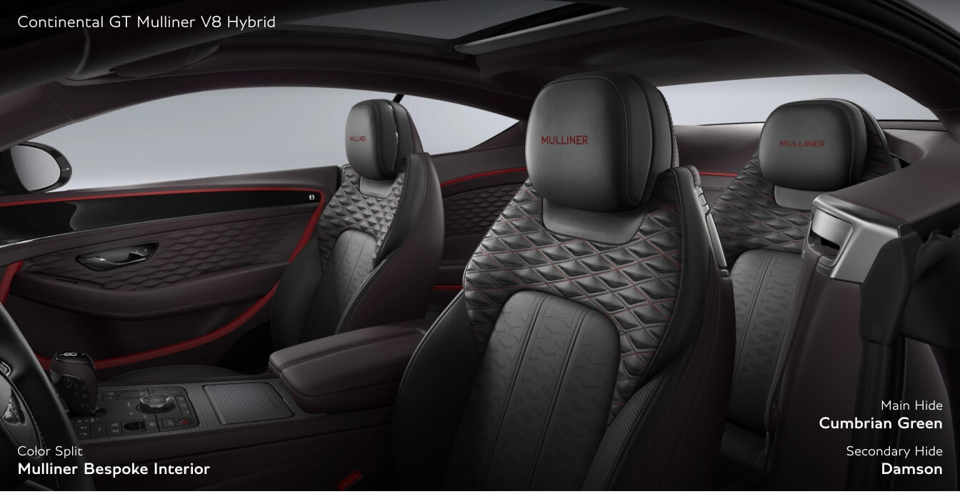 Wide cabin view of a Bentley Continental GT Mulliner showing diamond-quilted seats in Cumbrian Green and Damson leather.