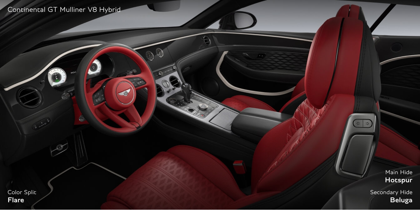 Driver perspective view of a Bentley Continental GT Mulliner cabin featuring Flare color split seats in Hotspur red and Beluga black.