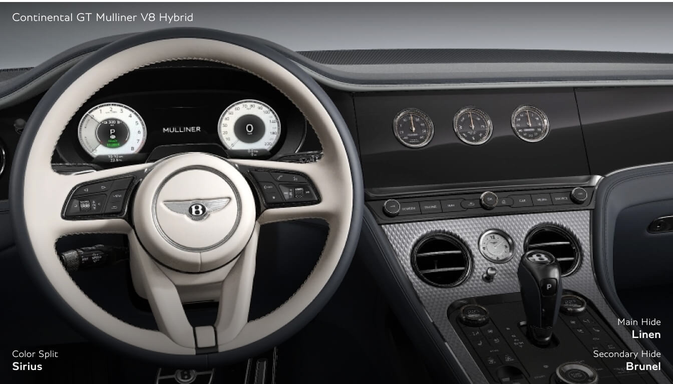 Symmetrical cockpit view of a Bentley Continental GT Mulliner cabin featuring Sirius color split seats in Linen and Brunel.