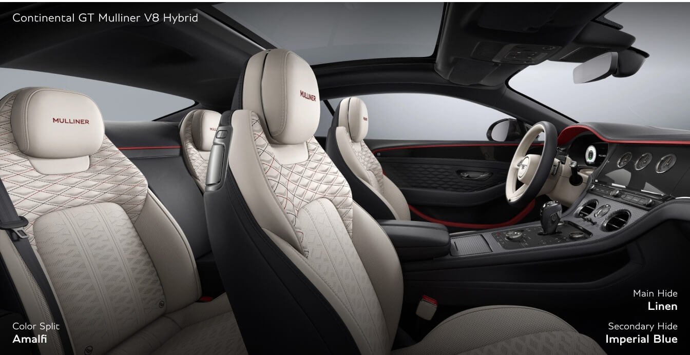 Wide cabin view of a Bentley Continental GT Mulliner displaying Amalfi color split diamond-quilted seats in Linen and Imperial Blue.