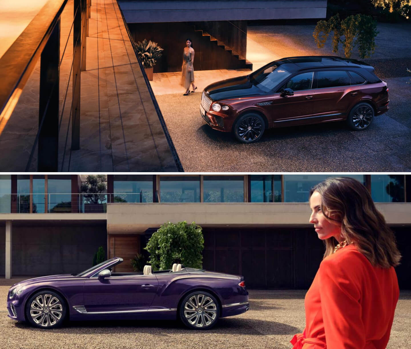 Bentley Bentayga parked outside a modern luxury residence at sunset and Bentley Continental GTC parked with the top down in a luxury villa driveway.