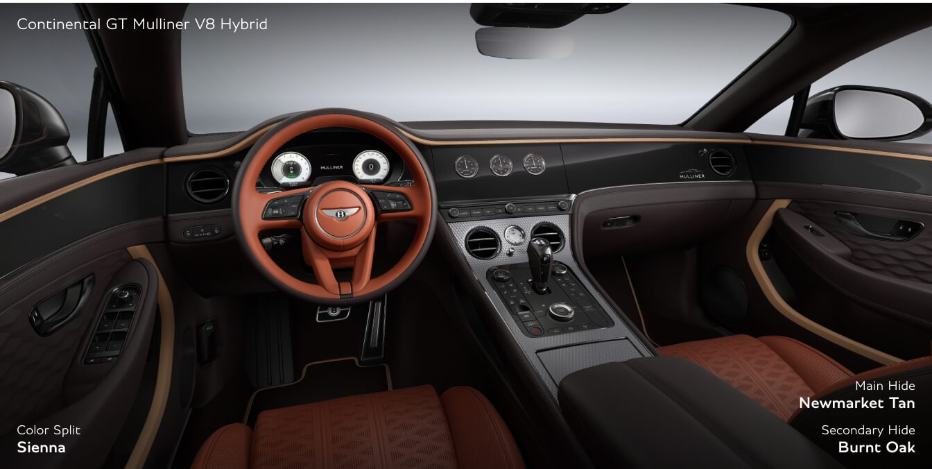 Symmetrical cockpit view of a Bentley Continental GT Mulliner cabin featuring Sienna color split seats in Newmarket Tan and Burnt Oak.