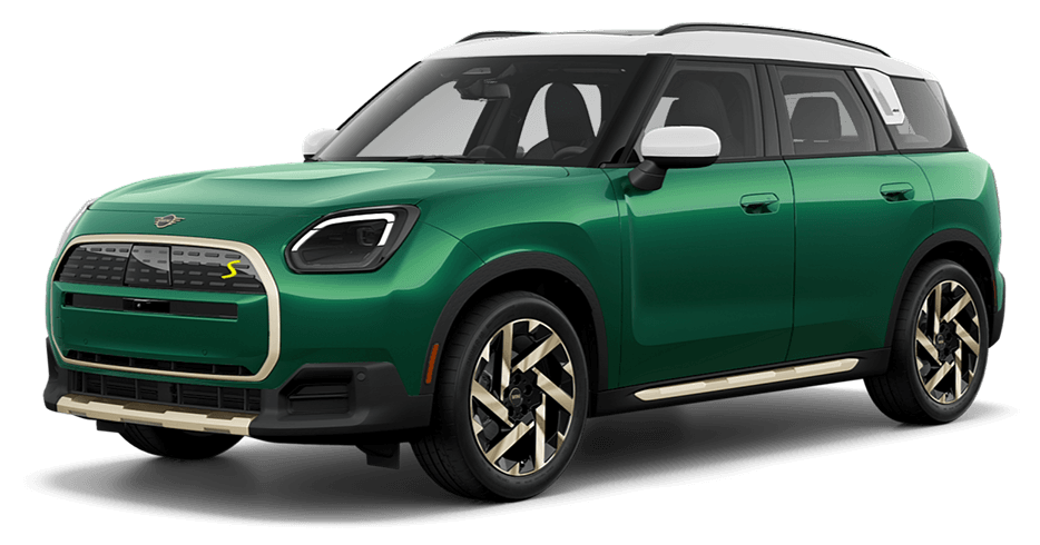 Green & White MINI Countryman SE ALL4 in three-quarter drivers side angle.