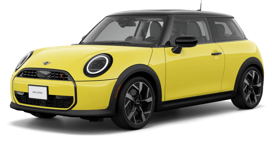 Yellow & Black MINI Cooper S 2-Door in three-quarter drivers side angle.