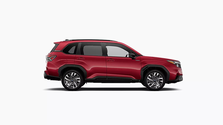 Red 2026 Subaru Forester Hybrid, side profile view on a white studio background