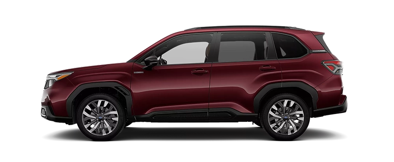 Dark red 2026 Subaru Forester Touring Hybrid, side profile view