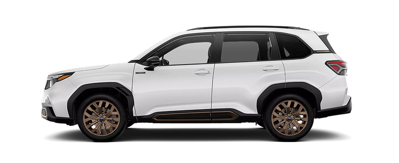 White 2026 Subaru Forester Sport Hybrid with bronze wheels, side profile view