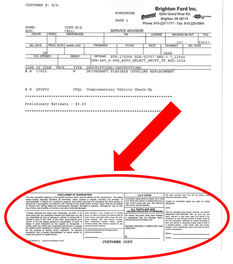 Auto Service Work Order