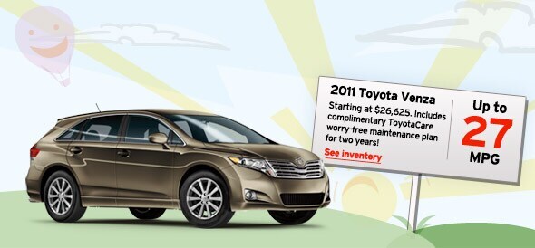 2011 Toyota Venza. Starting at $26,625. Includes complimentary ToyotaCare worry-free maintenance for two years. Up to 27 MPG. See Inventory.