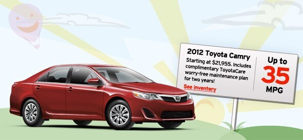 2011 Toyota Camry. Starting at $19,820. Includes complimentary ToyotaCare worry-free maintenance for two years. Up to 33 MPG. See Inventory.