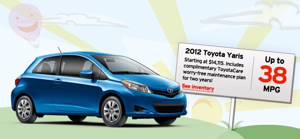 2011 Toyota Yaris. Starting at $12,995. Includes complimentary ToyotaCare worry-free maintenance for two years. Up to 36 MPG. See Inventory.