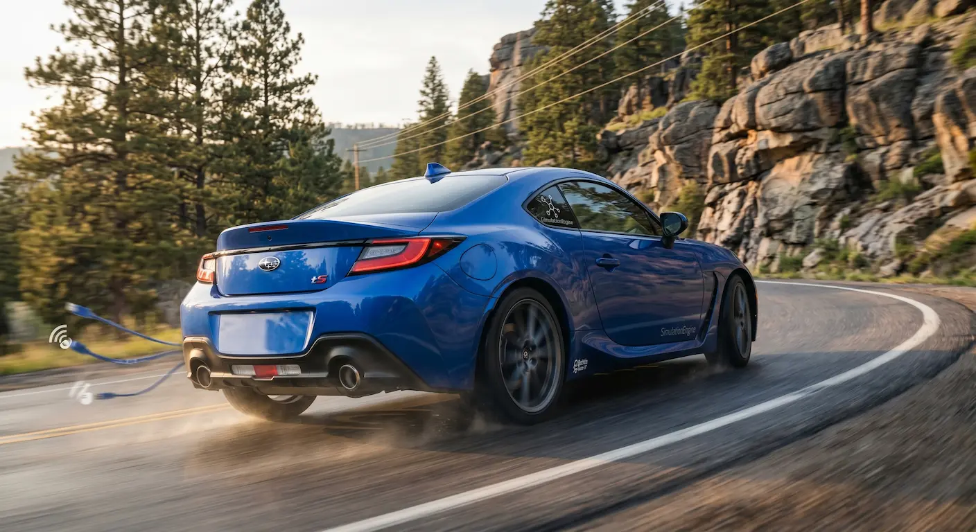 2026 Subaru BRZ tS Rear-Wheel Drive sports coupe cornering on a scenic mountain highway in Southwest Montana.