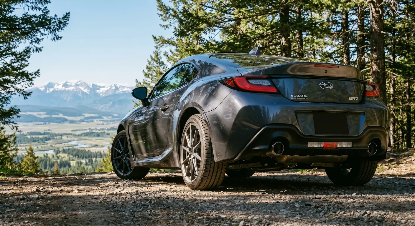 2026 Subaru BRZ parked with a mountain view showcasing its performance tires.