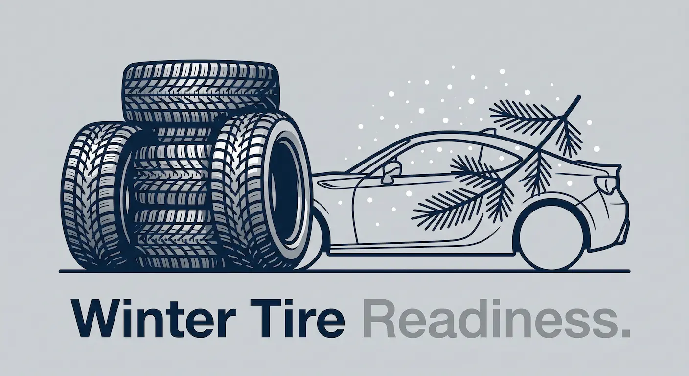 Subaru BRZ Winter Tire Readiness graphic showing a sports coupe prepared for winter with a stack of snow tires.