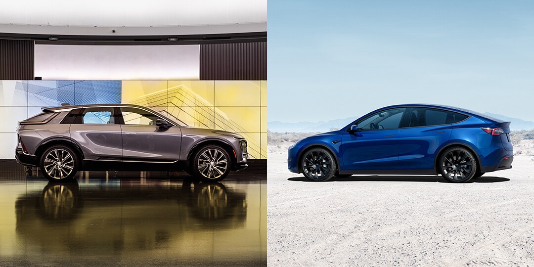Comparatif entre le Cadillac Lyriq 2023 (droite) et le Tesla Model Y (gauche)