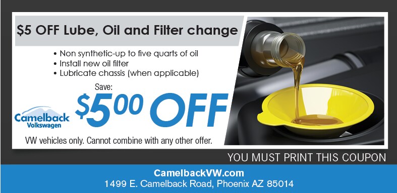 Oil Change Coupon, Phoenix Automotive Service Special. If no image displays, this offer has ended. Oil Change Coupon, Phoenix Volkswagen Service Special. If no image displays, this offer has ended.