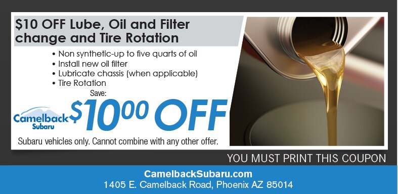 Oil Change & Tire Rotation Coupon, Phoenix Automotive Service Special. If no image displays, this offer has ended. Oil Change & Tire Rotation Coupon, Phoenix Subaru Service Special. If no image displays, this offer has ended.