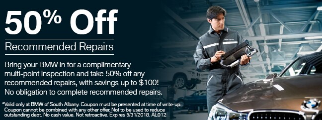 Get 50% off recommended repairs. Bring your BMW in for a complimentary multi-point inspection and take 50% off any recommended repairs, with savings up to $100! No obligation to complete recommended repairs.
*Valid only at BMW of South Albany. Coupon must be presented at time of write-up. Coupon cannot be combined with any other offer. Not to be used to reduce outstanding debt. No cash value. Not retroactive. Expires 5/31/2018. AL012