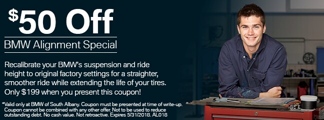 $50.00 Off a BMW Alignment - Recalibrate your BMW's suspension and ride height to original factory settings for a straighter, smoother ride while extending the life of your tires. Only $199 when you present this coupon! Regularly $249.
*Valid only at BMW of South Albany. Coupon must be presented at time of write-up. Coupon cannot be combined with any other offer. Not to be used to reduce outstanding debt. No cash value. Not retroactive. Expires 5/31/2018. AL018