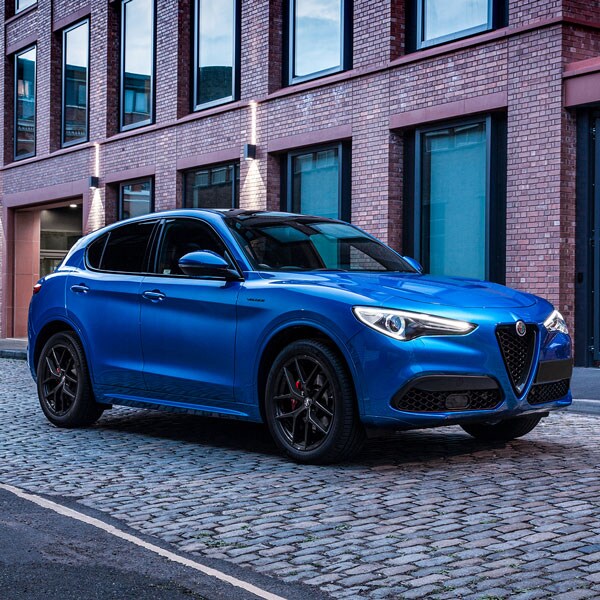 Alfa Romeo Stelvio parked on a wet driveway.